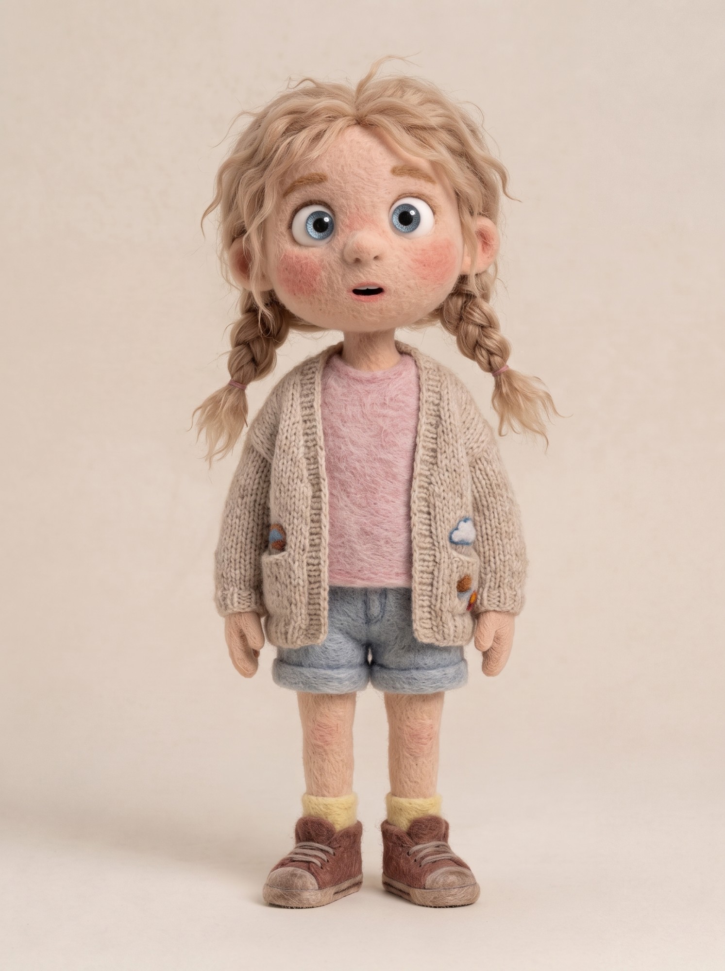 Lila: girl with braids in a knitted cardigan, needle-felted style