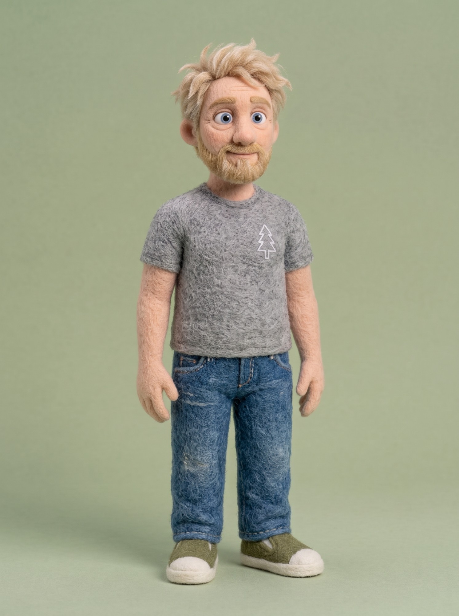 Lila's dad: bearded man in a grey t-shirt and jeans, needle-felted style