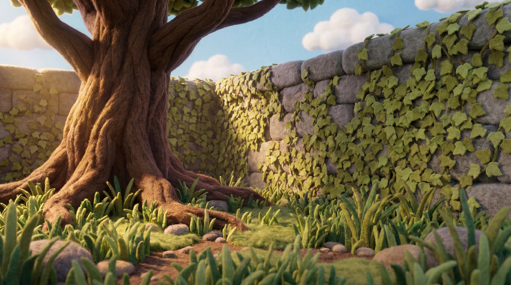 Garden: backyard with a big tree and an ivy-covered stone wall