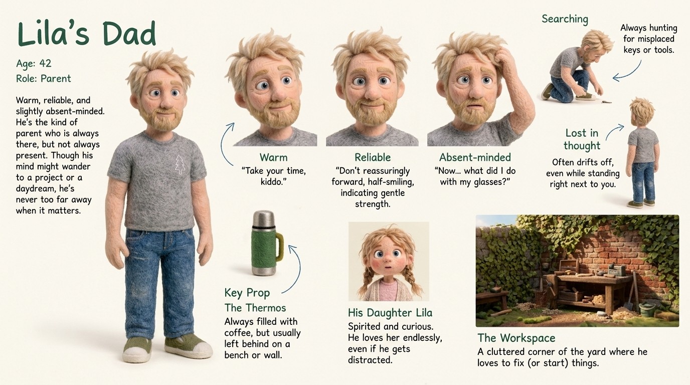 Character sheet: Lila's Dad, age 42, parent - expressions, poses, key prop, workspace
