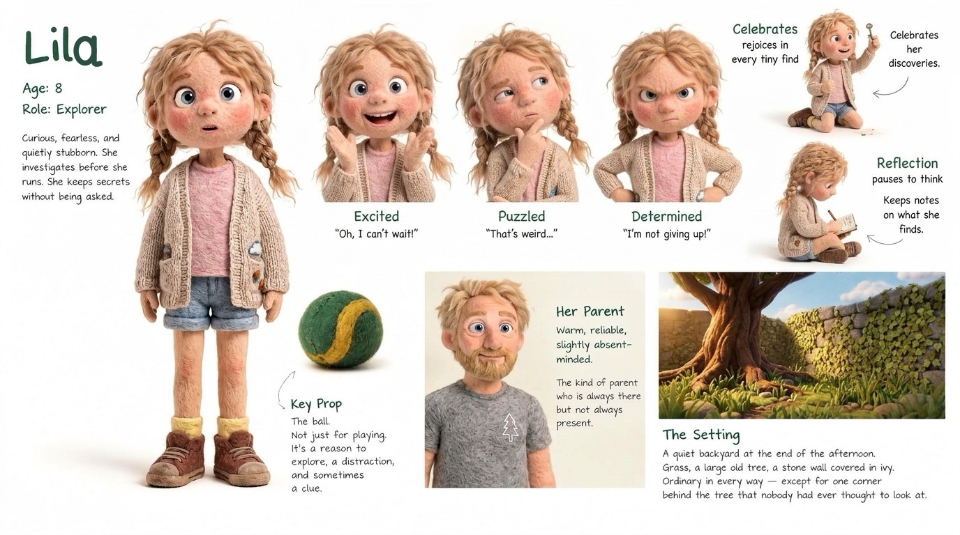 Character sheet: Lila, age 8, explorer - expressions, key prop, her parent and the setting