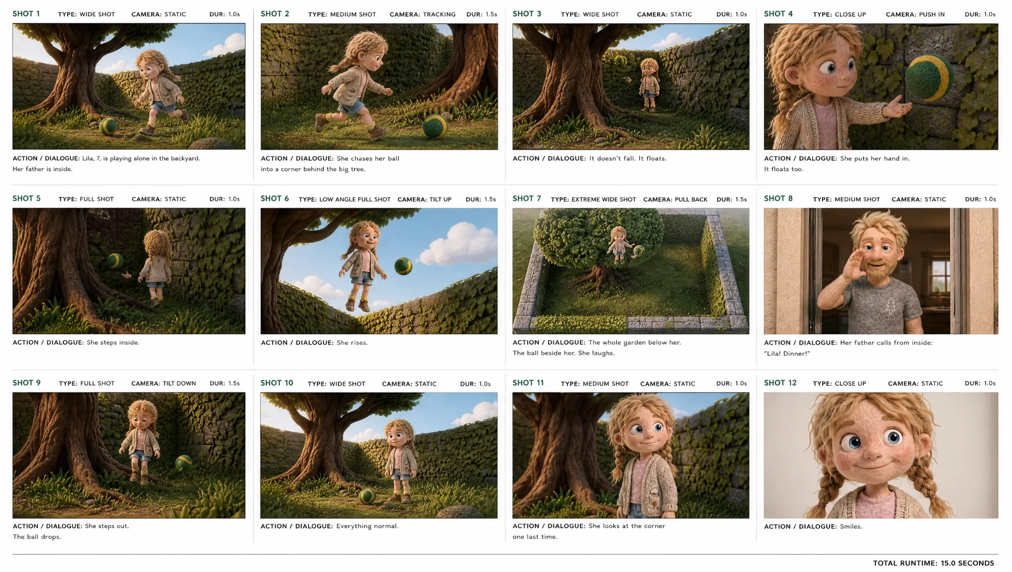 Storyboard: 12 shots with shot type, camera movement, duration and dialogue