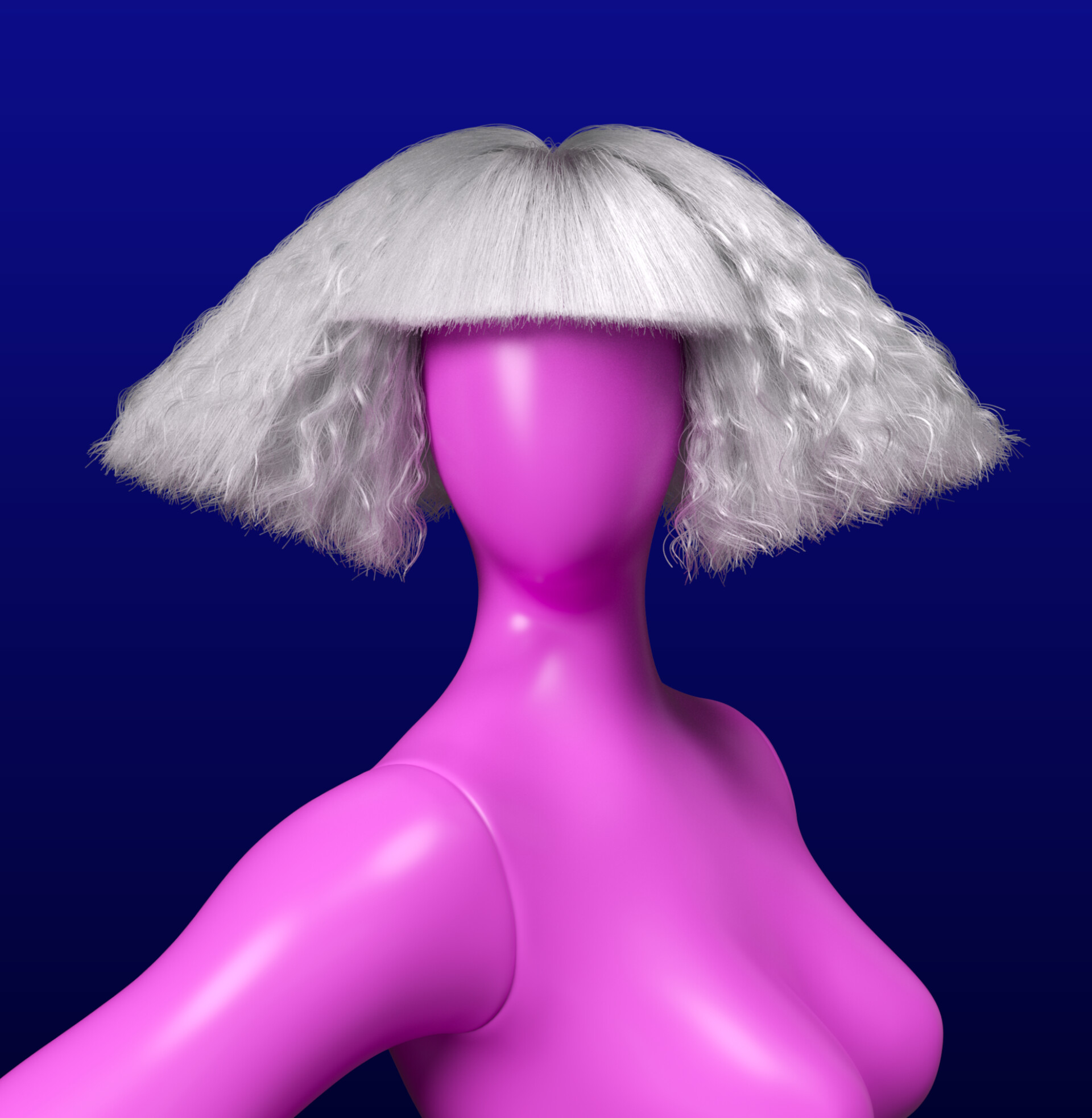 White wig on a pink mannequin, front view