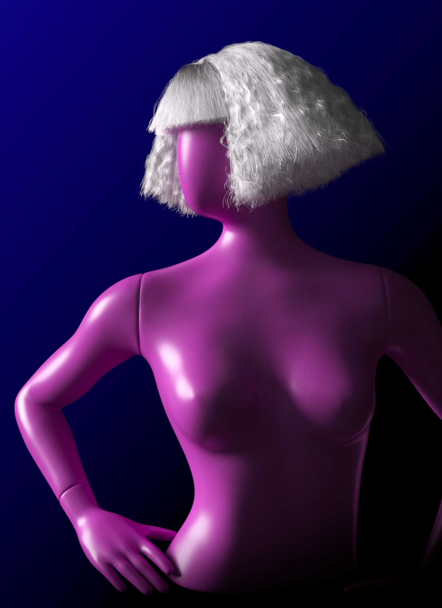 White wig on a pink mannequin, side view