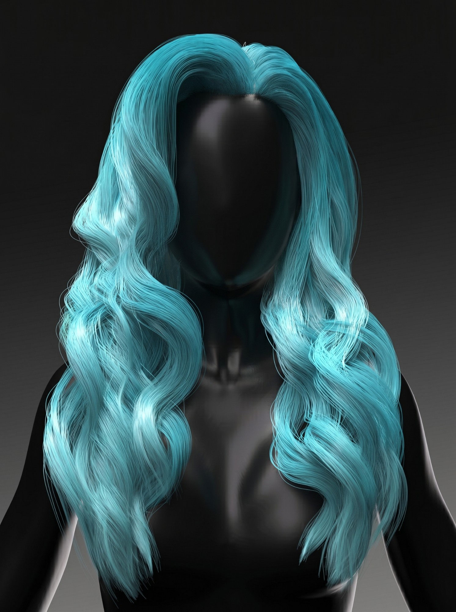 Long wavy blue hair on a mannequin, original render
