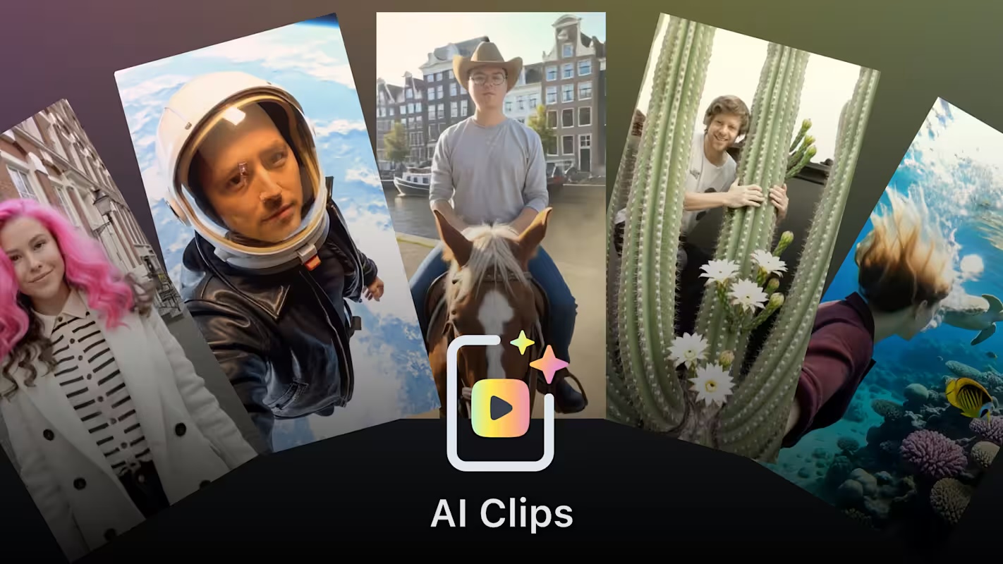 AI Clips: five photos turned into AI videos - an astronaut, a cowboy on a horse, a cactus garden, an underwater swim