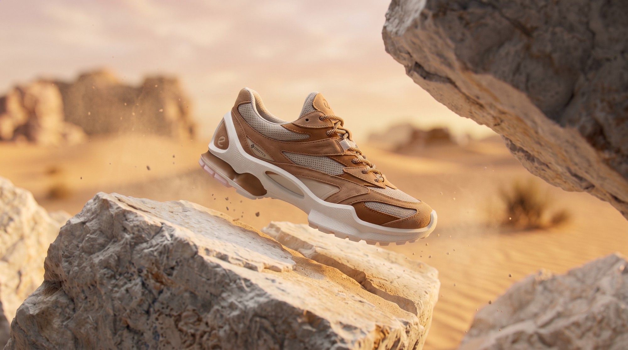Object input: a tan suede running shoe floating over desert rocks